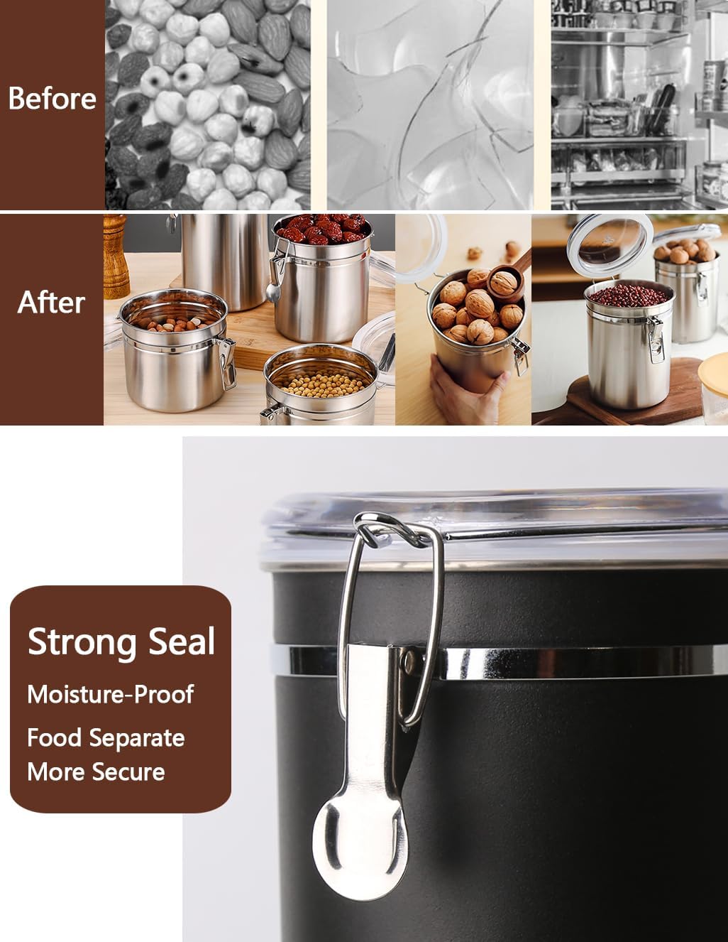 Stainless Steel Food Container with Clear Lids Airtight Storage Container Stackable Small Canisters Kitchen Pantry Storage for Cereal, Snacks, Candy, Herbs, Spices, Sugar, Tea (1.2L Black)