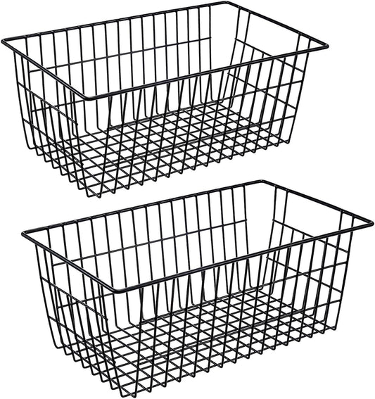 Redrubbit Wire Storage Baskets, Large Farmhouse Metal Freezer Basket Storage Organizer Bins with Handles for Kitchen Cabinets, Pantry, Closets, Bedrooms, Bathrooms, Set of 2, Black
