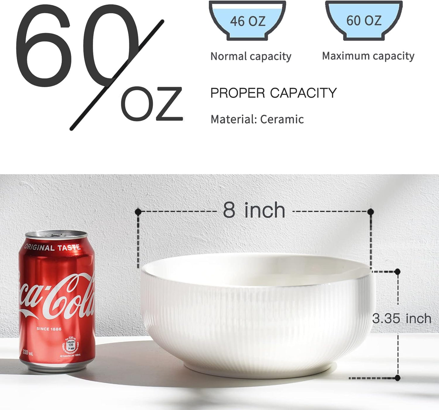 getstar Salad Bowl, 8 inch 60 oz Large Serving 2 Packs Ceramic Bowl Set, Microwave & Freezer Safe, Bowl Set of 2 For Fruit Soup Pasta Popcorn (White)