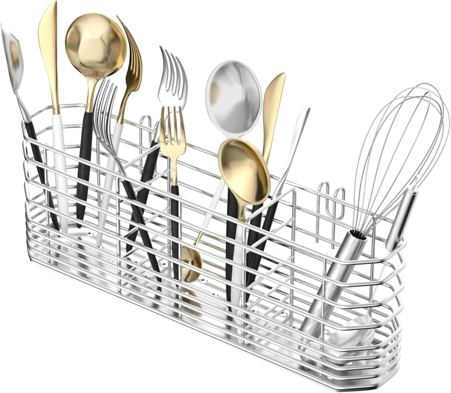 JAQ Utensil Holder for Sink, Sus304 Stainless Steel Rust Free Silverware Cutlery Flatware Holder Rack Organizer with Hooks for Dish Drying Rack Sink Dish Drainer in Kitchen Bathroom