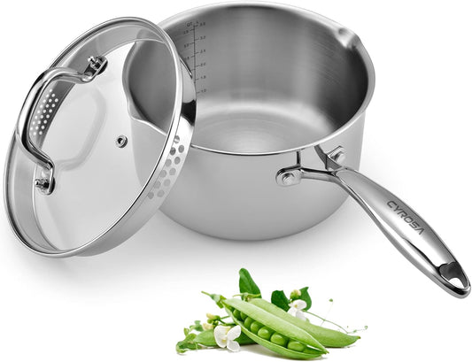 Stainless Steel Saucepan with Glass Lid, 3.5 Quart Multipurpose Sauce Pan, Sauce Pot - for Easy Pour with Ergonomic Handle