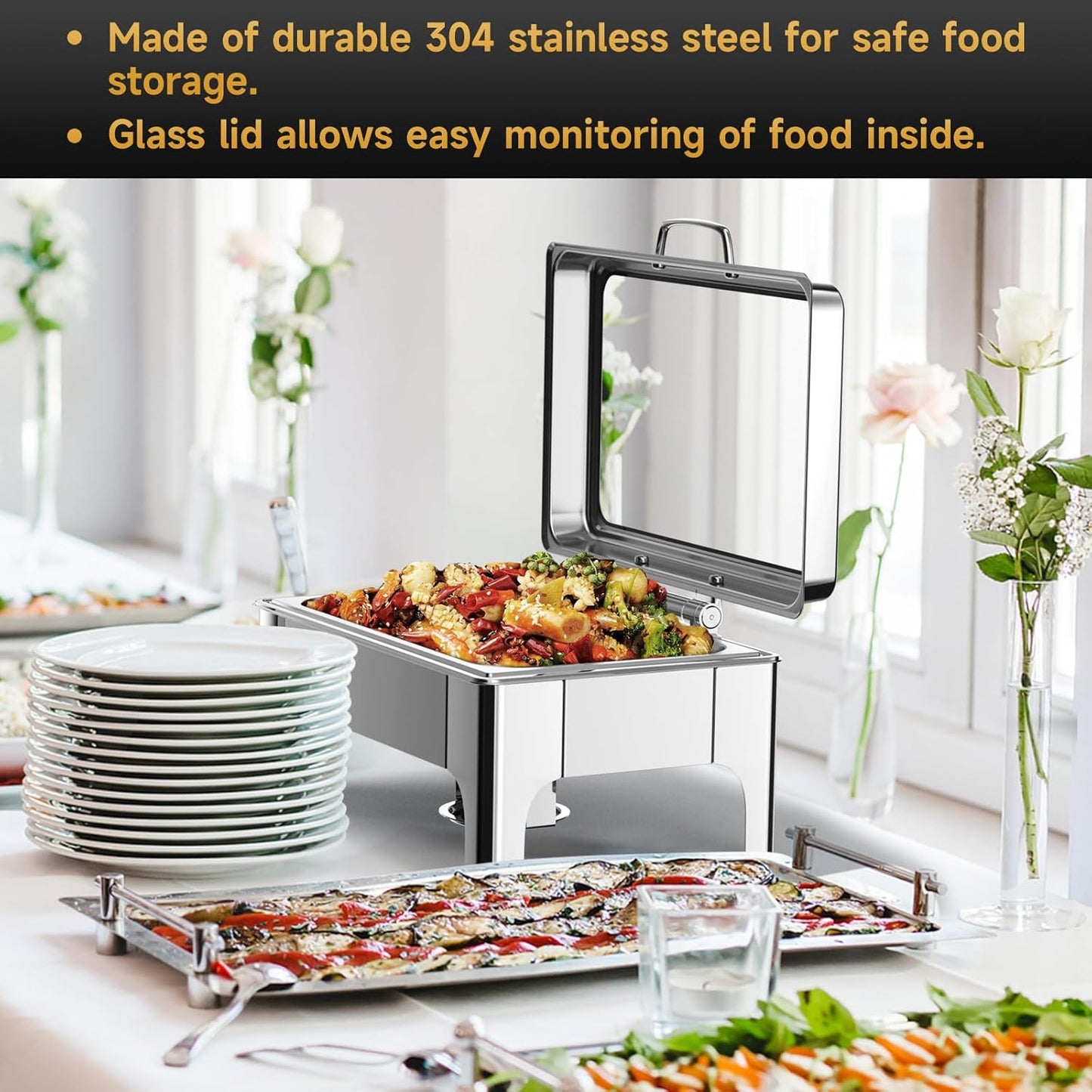 Chafing Dishes for Buffet, 9.5QT Square Stainless Steel Chafing Dish with Transparent Hydraulic Lid, 304 Food Pan, Buffet Warmer for Parties and Events (Silver)