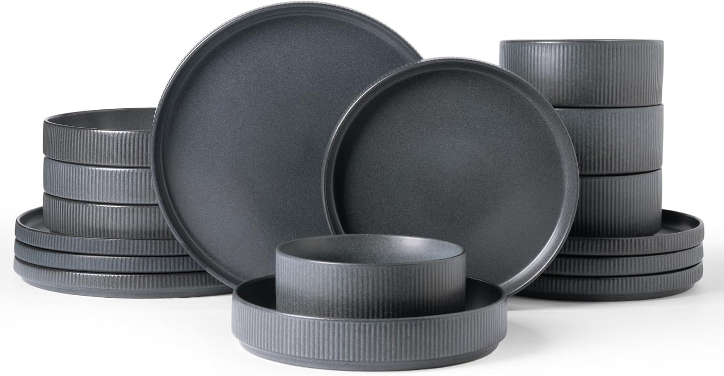 Famiware Star Dinnerware Set with Pasta Bowls, Service for 4 (16pcs), Ribbed Stoneware Plates and Bowls Dishes Sets - Chip & Scratch Resistant, Microwave & Dishwasher Safe, Matte Dark Charcoal