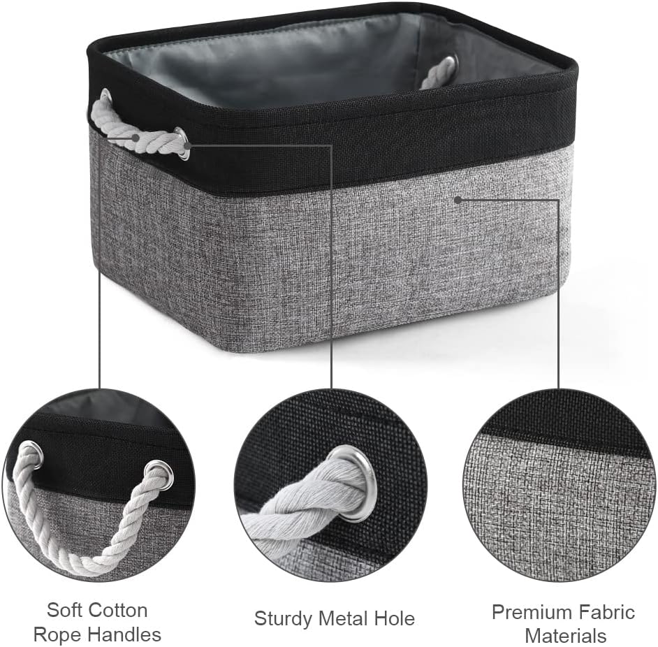 TheWarmHome Storage Basket for Organizing - 14x10x7 inch Medium 3 Pack Collapsible Storage Bin for Shelves with Rope, Fabric Storage Cubes for Organizer Cloth Gift Toy Closet (Black & Grey)