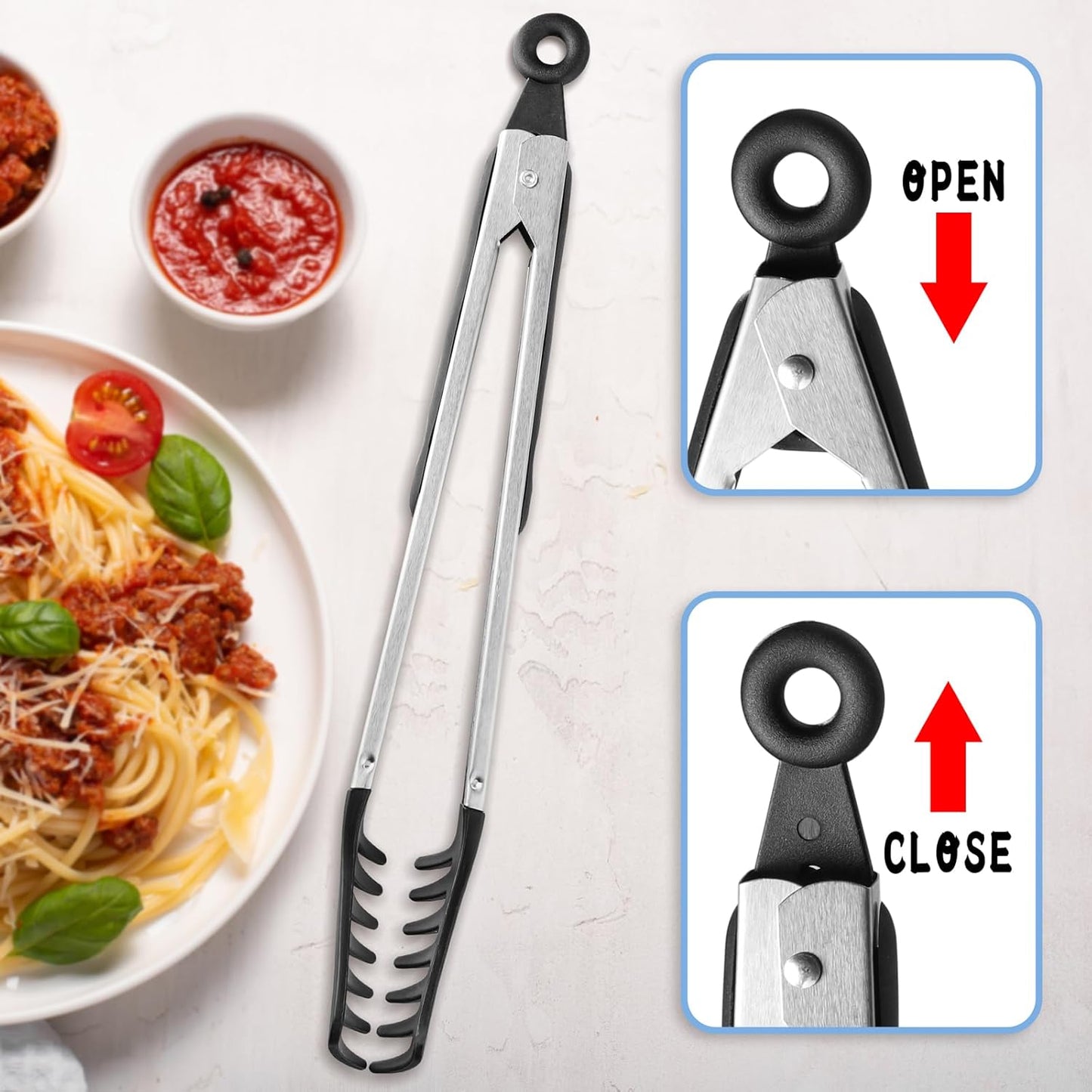 Spaghetti Spoon and Pasta Tong Set, Silicone Pasta Fork with Stainless Steel Handle and Pasta Measuring Instrument, Toothed Pasta Spoon, Pasta Cooking Tool