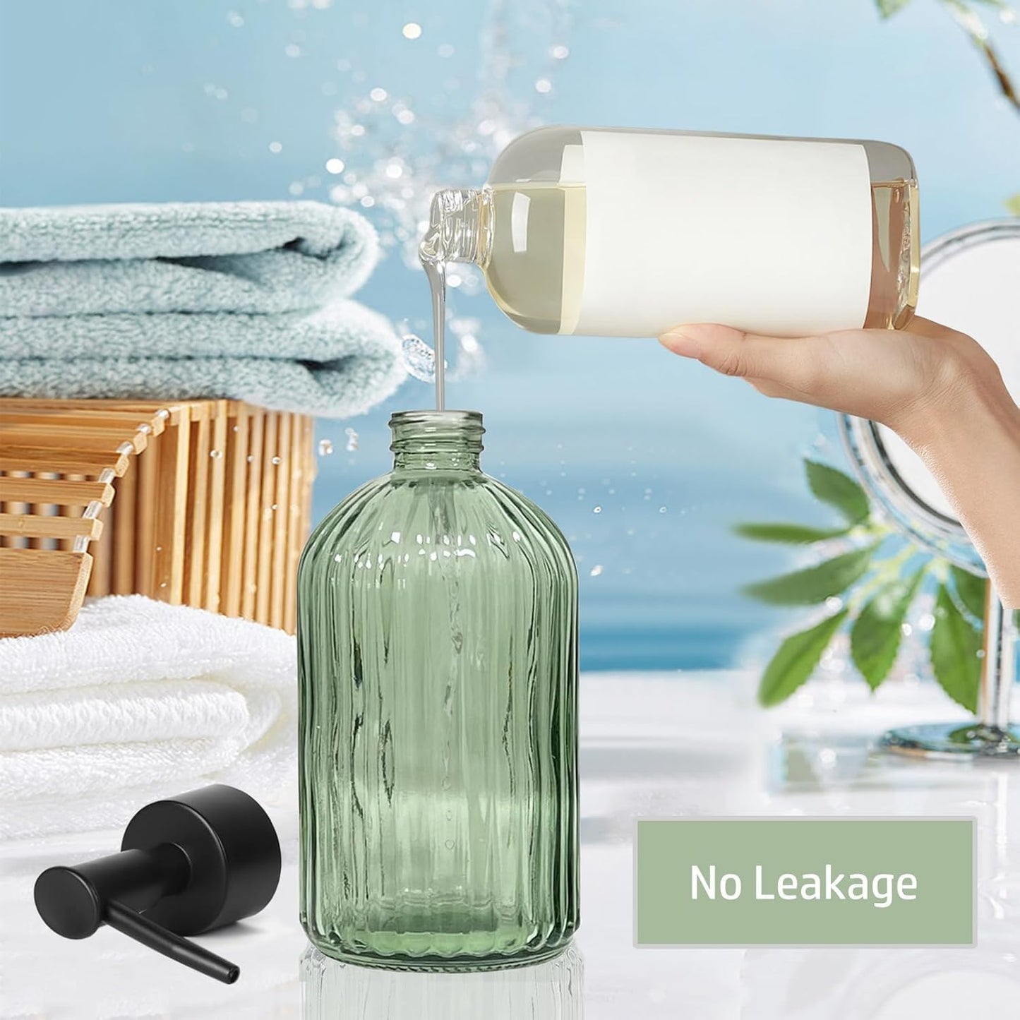 14 Oz Black Pump Glass Soap Dispenser, Green Stripe Countertop Refillable Liquid Bottle Hand Dish Lotion Dispenser with Plastic Pump, for Kitchen, Bathroom, 2 Pack