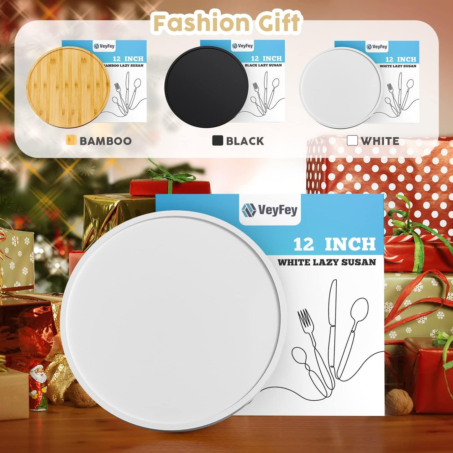 White Lazy Susan for Table, 12 Inch Non-Skid Bamboo Turntable Organizer for Salt Pepper Spices and Olive Oil Next to Stove, Wooden Lazy Susan Organizer for Kitchen Countertop Organizer