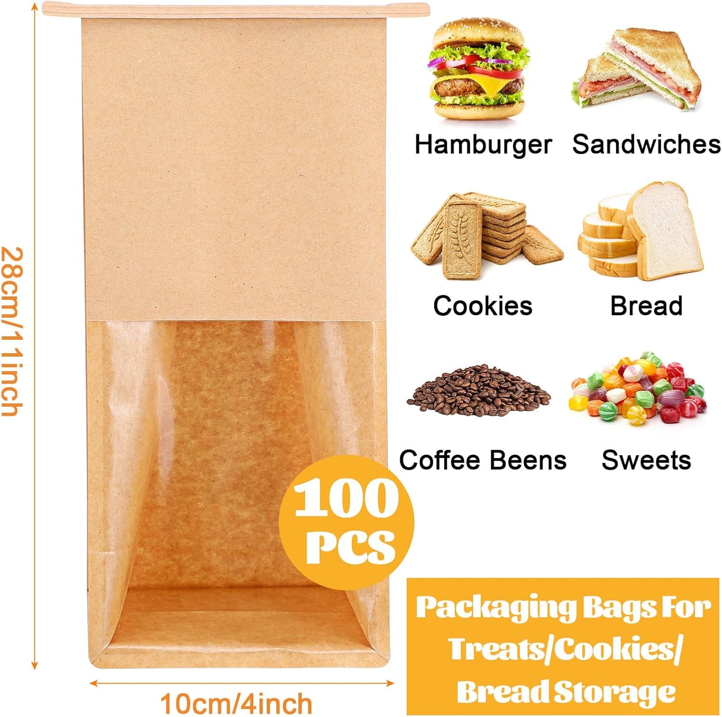 Tobeelec 100 Pcs Brown Kraft Paper Bread Bags with Window, Tin Tape Lock, Eco-Friendly, Disposable, 11 x 4 Inches