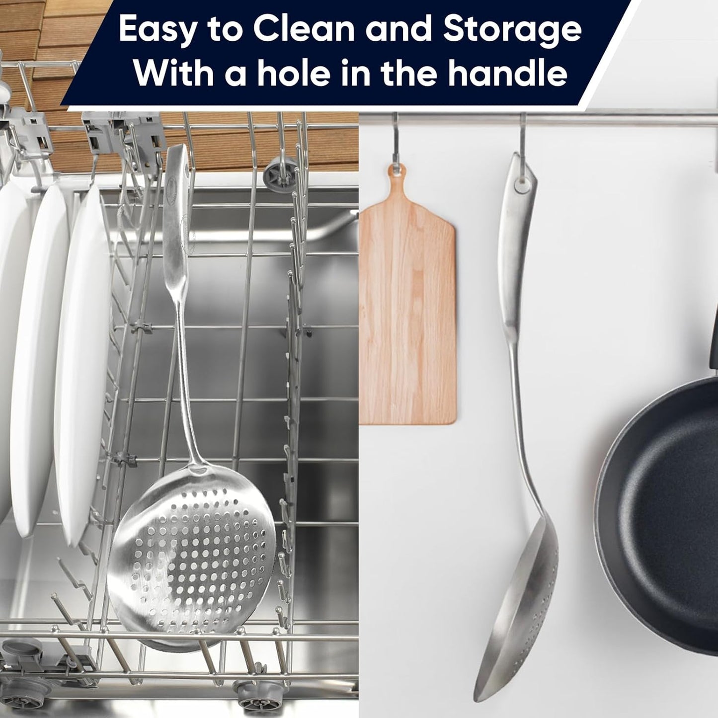 Newness Slotted Spoon, [Rustproof, Integral Forming, Durable] 304 Stainless Steel Widen Skimmer with Vacuum Ergonomic Handle, Comfortable Grip Design Strainer Ladle for Kitchen, 16.93 Inches