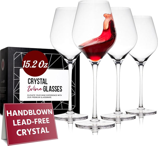 Gusto Nostro Crystal Wine Glasses Set of 4, 15.2 Oz Long Stem Modern Wine Glasses for White and Red Wine, Dishwasher Safe, Fancy, Elegant, Large and Tall Wine Glass for Wedding Christmas Anniversary