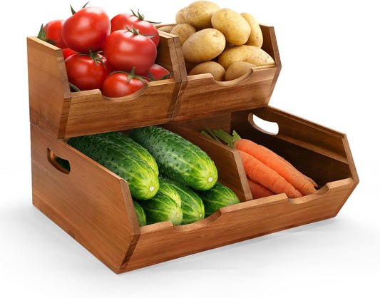 3 in 1 Acacia Wood Pantry Storage Bins for Kitchen（No installation Required）-Potato and Onion Storage Bins，2-tier Vegetable and Fruit Organizer with Anti-slip Mat，Stacking Bins for Kitchen & Pantry