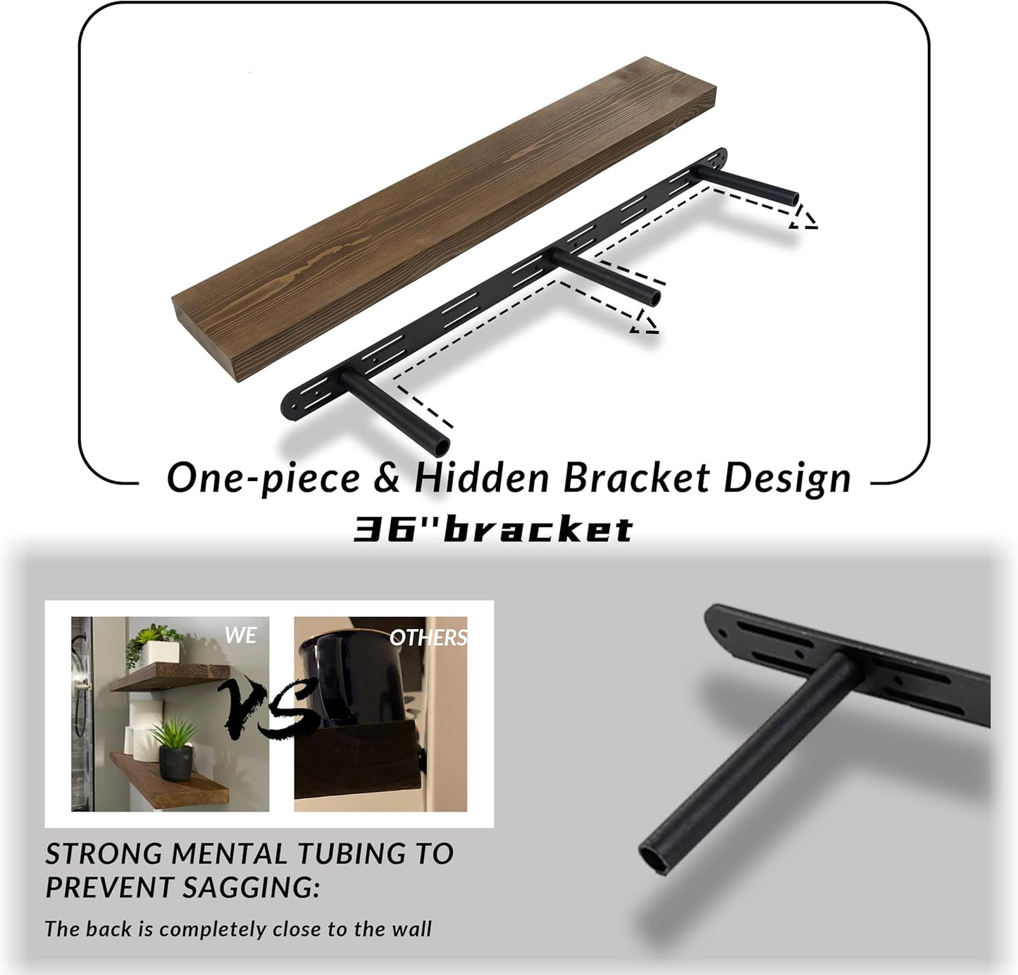 Rustic Floating Shelves 36 inch Long 8 inch deep Set of 2, Solid Wood Wall Shelves for Bedroom Living Room Kitchen,Book Shelf for Wall, Wall Mounted Shelves with Hidden Bracket- Walnut