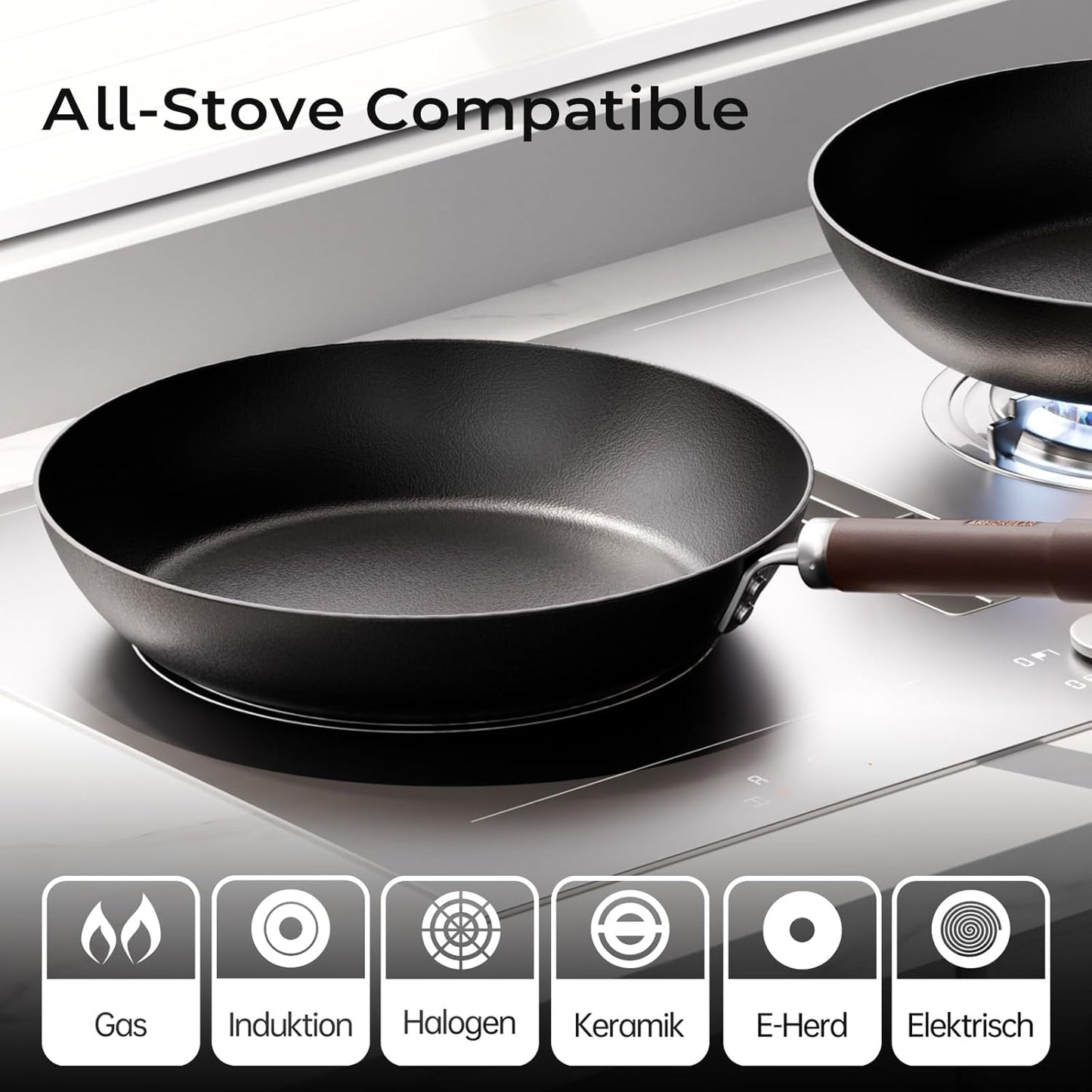 Carbon Steel Frying Pan, Pre-Seasoned 11-Inch Cooking Skillet Wooden Handle, PFAS & PFOA-Free, Nitrided Black Fry Pan for Kitchen, Camping, Chef Use