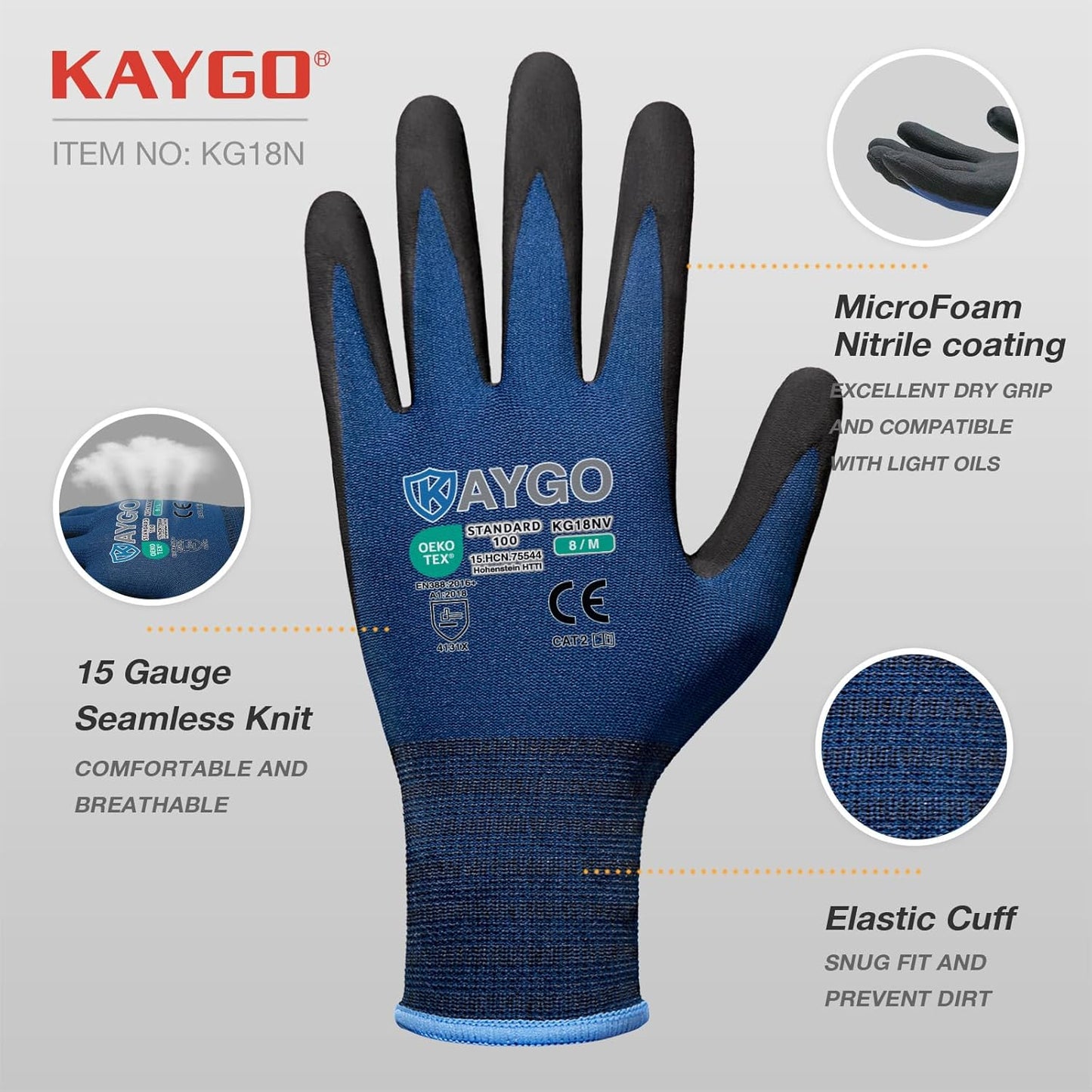 KAYGO Safety Work Gloves MicroFoam Nitrile Coated, 3 Pairs KG18NB,Seamless Knit Nylon Glove for Men and Women, Ideal for Automotive,Warehouse,Construction (XL, Dark Blue)