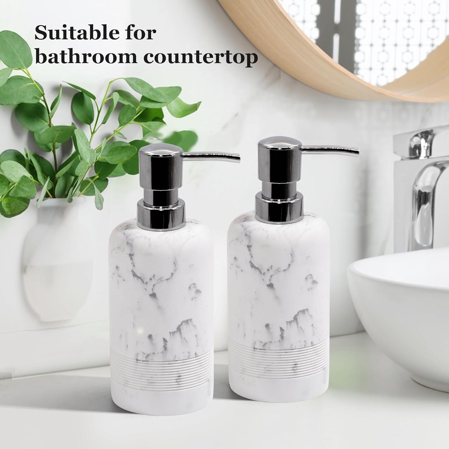 Resin Soap Dispenser Sets, 2 Pcs Heavy Lotion Dispensers,10.8oz Refillable Liquid Soap Dispensers with Rust-Proof Pump for Bathroom Countertop or Kitchen, Artificial Marble White