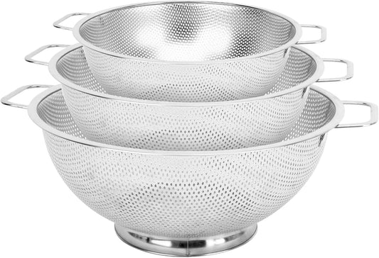 3PCS Colander for Kitchen, 3QT & 4QT & 5QT, Stainless Steel Colander Strainer with Handle for Fruits Vegetables Cooking Food, Dishwasher Safe