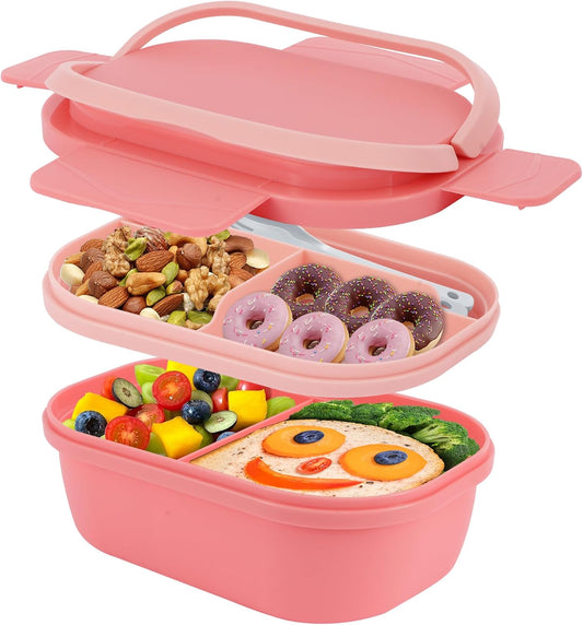 Bento Box Adult Lunch Box with Hidden-Handle, Leak-Proof Lunch Containers for Women & Girls, 2-Layer 5-Compartment 6 Cup with Utensils, Pink