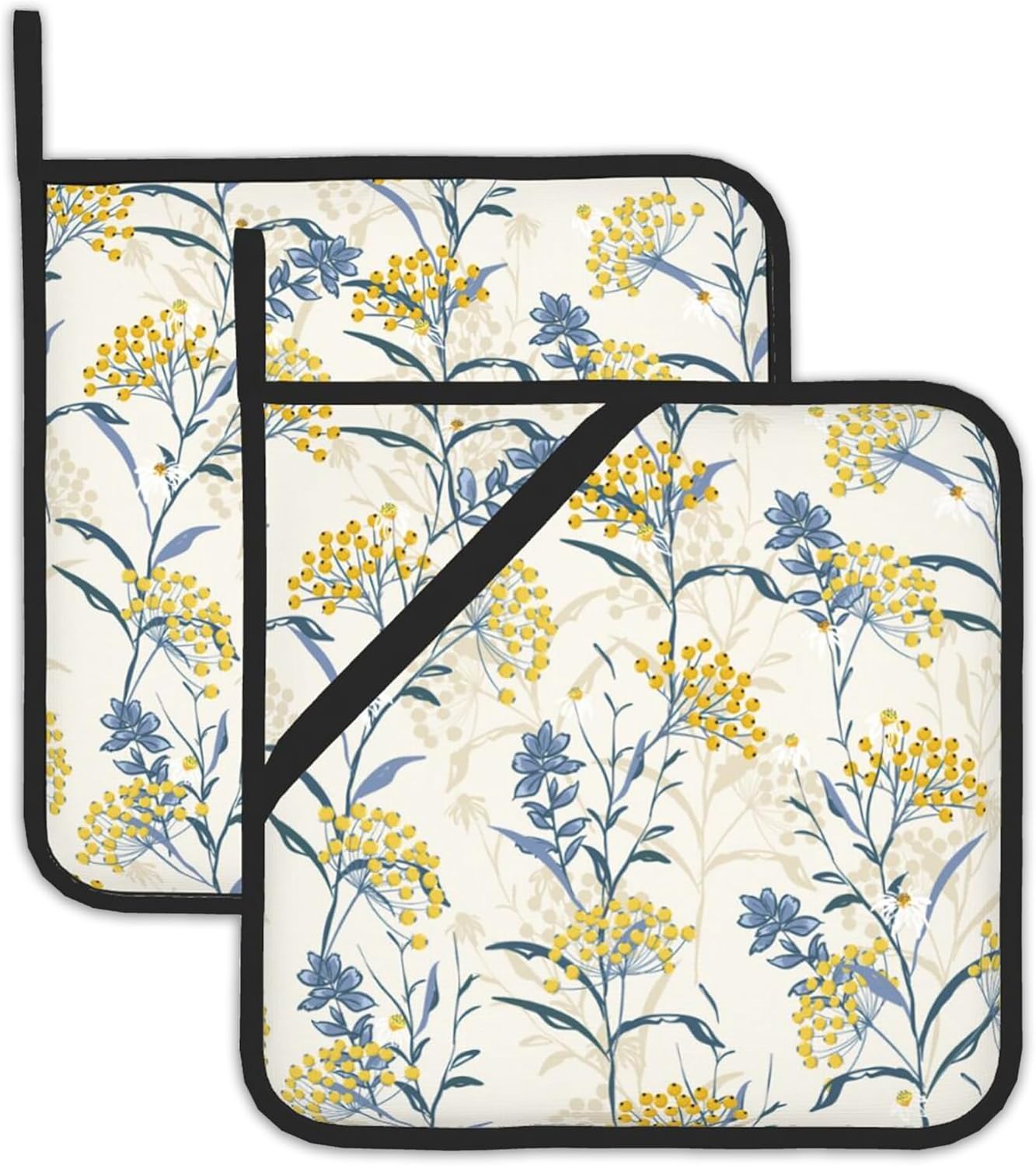 Vintage Floral Plan Pot Holders Set of 2 Heat Resistant Potholders,Yellow Blue Fire Oven Hot Pads for Kitchen Cooking Baking Barbecue