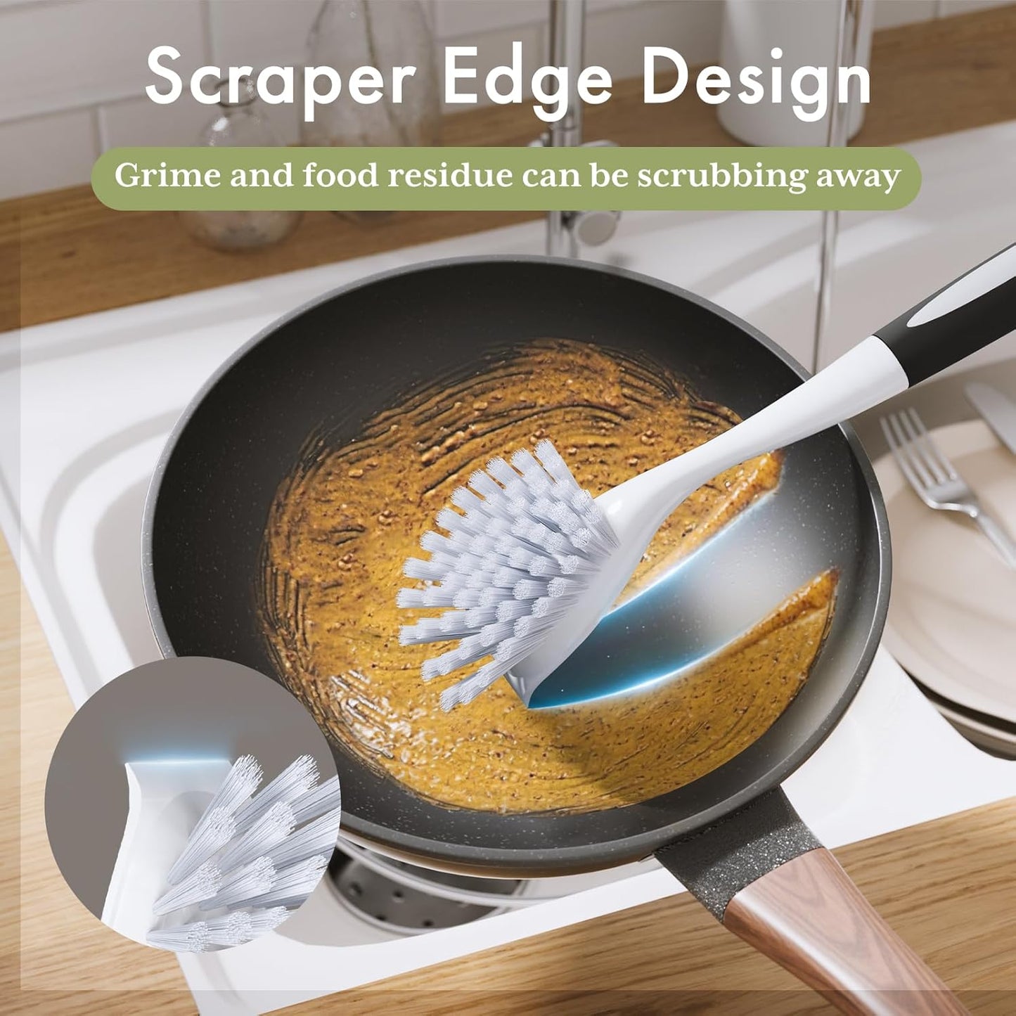 Amazer Dish Brush with Handle, 2 Pack Kitchen Scrub Brushes for Cleaning, Dish Scrubber with Stiff Bristles for Sink, Pots, Pans