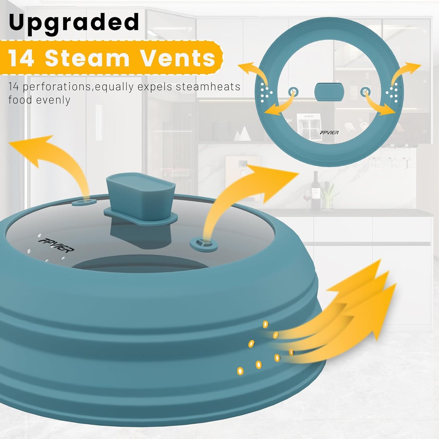 Microwave Splatter Cover, Vented Silicone and Glass Cover Splatter Guard Lid, Food Collapsible Plate Cover Lid with Easy Grip Handle. (Blue, 10.8 inch)