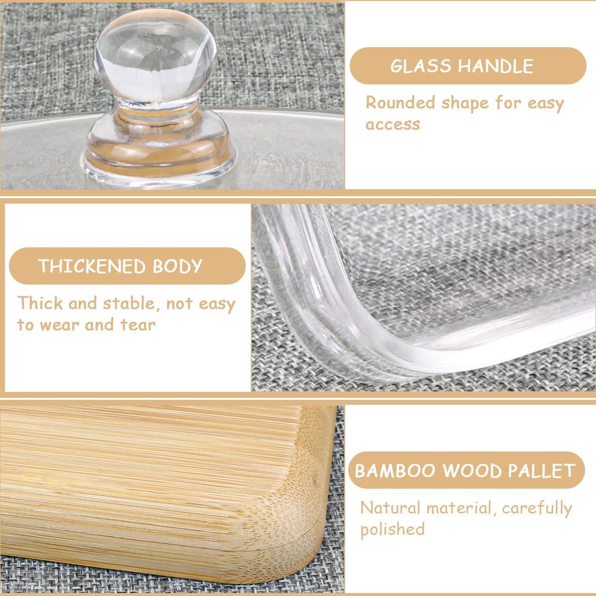 Crystal Clear Glass Butter Dish with Lid Butter Holder Container for Butter, Cream Cheese, and Dessert Cake（Bamboo）