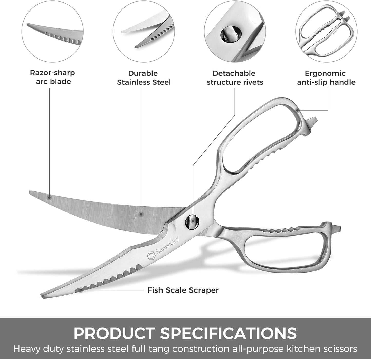 Sunnecko Kitchen Scissors for Food, Heavy Duty Scissors All Purpose Kitchen Shears That Come Apart, 9 Inch Fully Forged Stainless Steel with Curved Blades