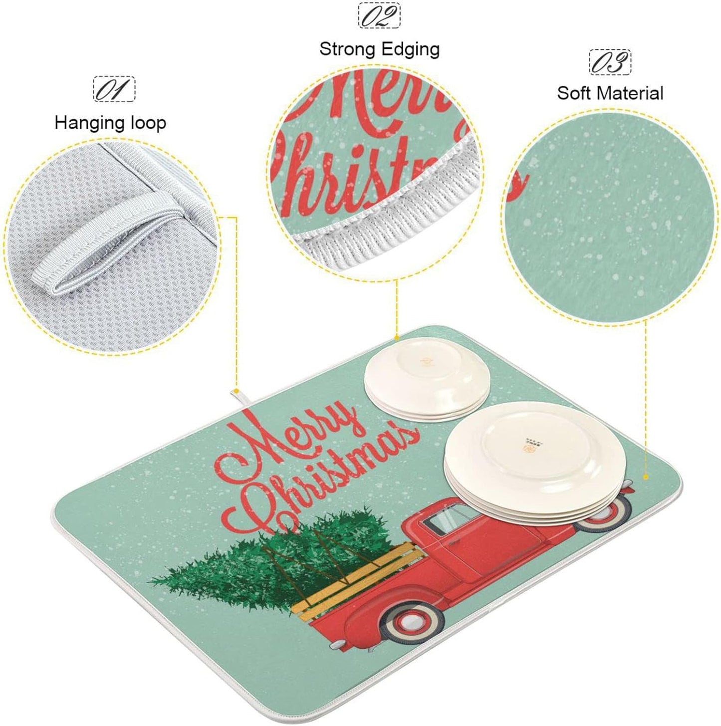 senya Super Absorbent Dish Drying Mat, Microfiber Fast-Drying Dish Mat, 16''x18'', Kitchen Dish Drying Pad, Merry Christmas Happy New Year Postcard