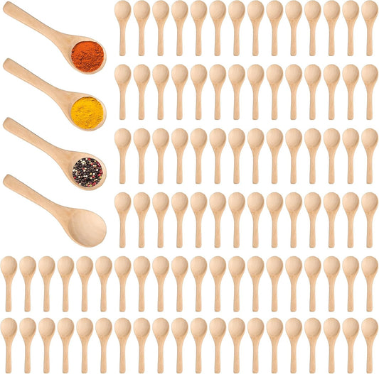 Boao 100 Pcs Small Wooden Spoons, 3.5'' L, Mini Wood Natural Tiny Spoons Wooden Little Teaspoons for Jars Sugar Creamer Honey Spices Salt Kitchen Supplies (Light Brown)