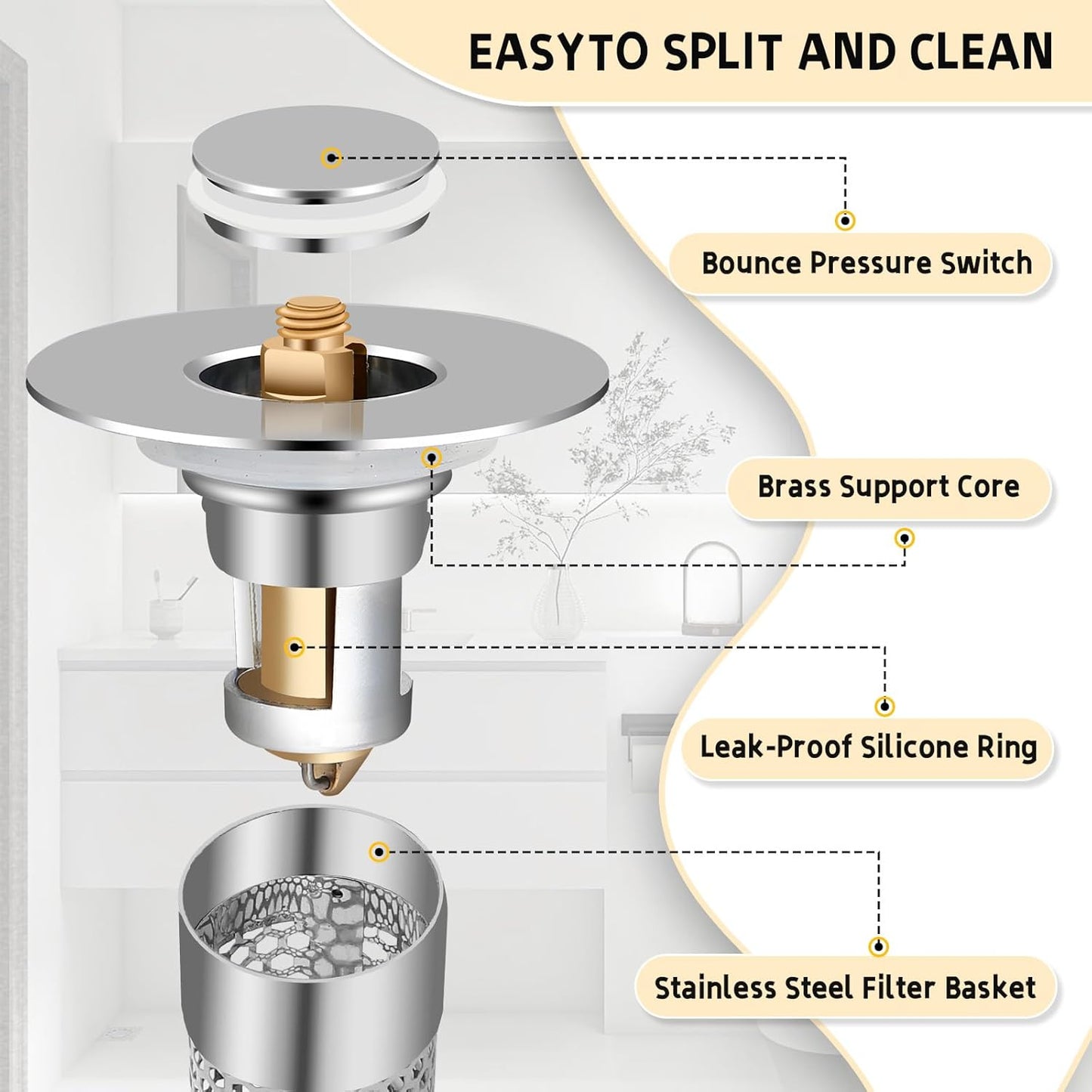 2Pack Bathroom Sink Stopper 1.06"-1.50", Universal Bathroom Sink Drain Pop Up Stopper for US Bathroom Sink Stainless Steel Floor Drain Filter, U.S. Standard Universal Drain Filter (Silver)