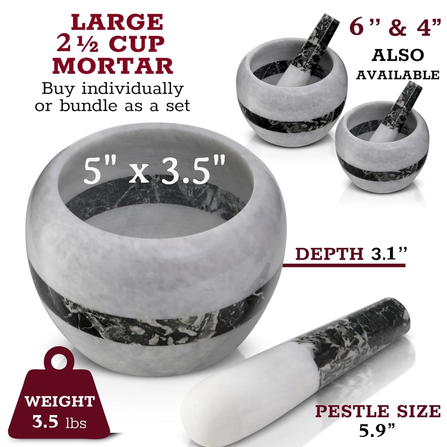 Gusto Nostro Natural Marble Mortar and Pestle Set | 5 Inch - 2.5 Cup Large Mortar Pestle Set for Grinding Herbs, Nuts, Grains | Pesto Grinding and Guacamole Stone Bowl | Marble Spice Crusher