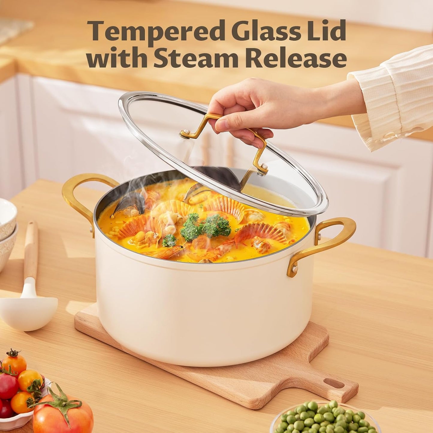 BEZIA 10 Quart Cooking Pot with Ceramic Coating, Non-Stick Stock Pot with Tempered Glass Lid, Large Soup Pot with Stainless Steel Handle, Induction Compatible Stockpot, Dishwasher Safe, Cream