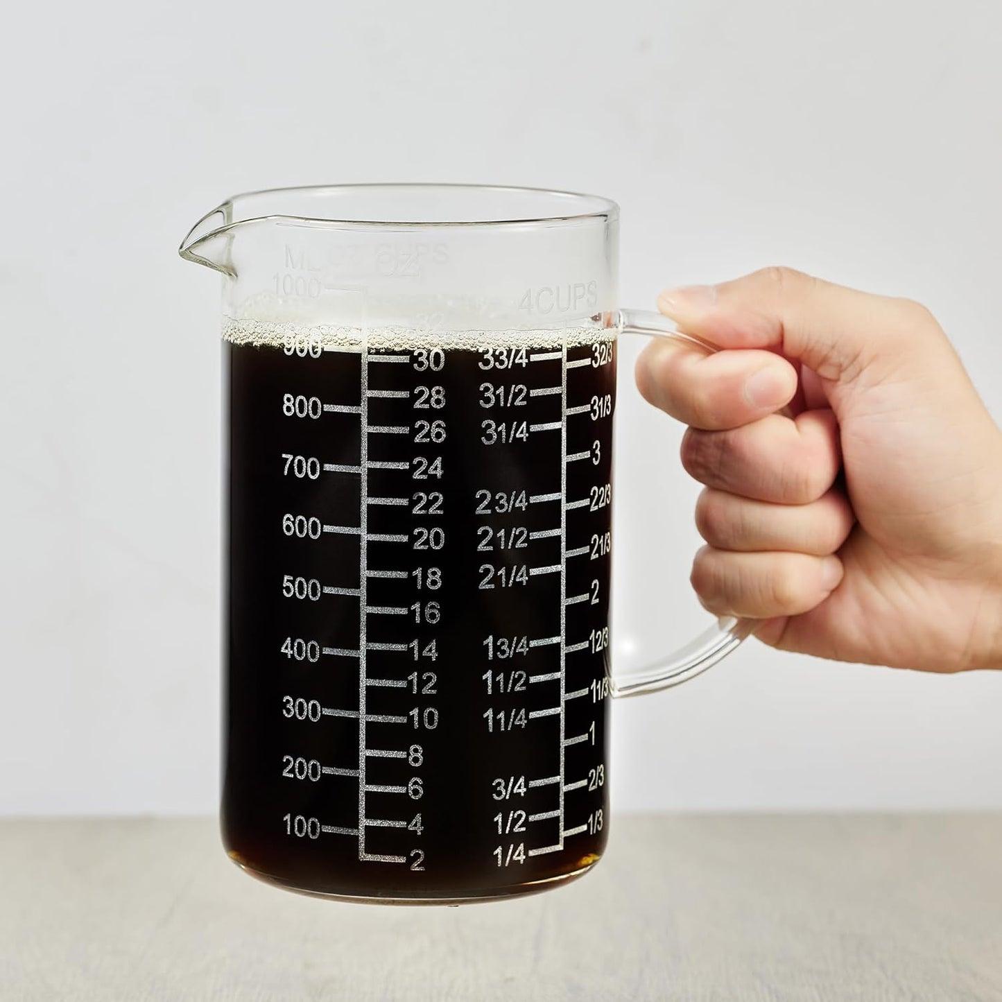 Ackers Mirror Etching Scale Glass Measuring Cup-[Insulated handle | V-Shaped Spout]-Made of High Borosilicate Glass Measuring Cup for Kitchen or Restaurant, Easy to Read, 1000 ML (32 Oz, 4 Cup)