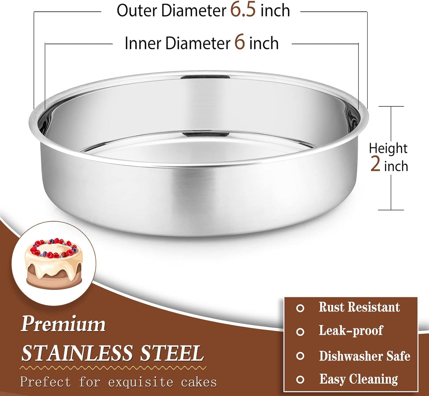 P&P CHEF 6 Inch Round Cake Pan Set of 3, Stainless Steel Round Baking Layer Pans Bakeware for Layer Birthday Cake, Fit Oven/Pots/Pressure Cooker, Leakproof & Dishwasher Safe, Silver