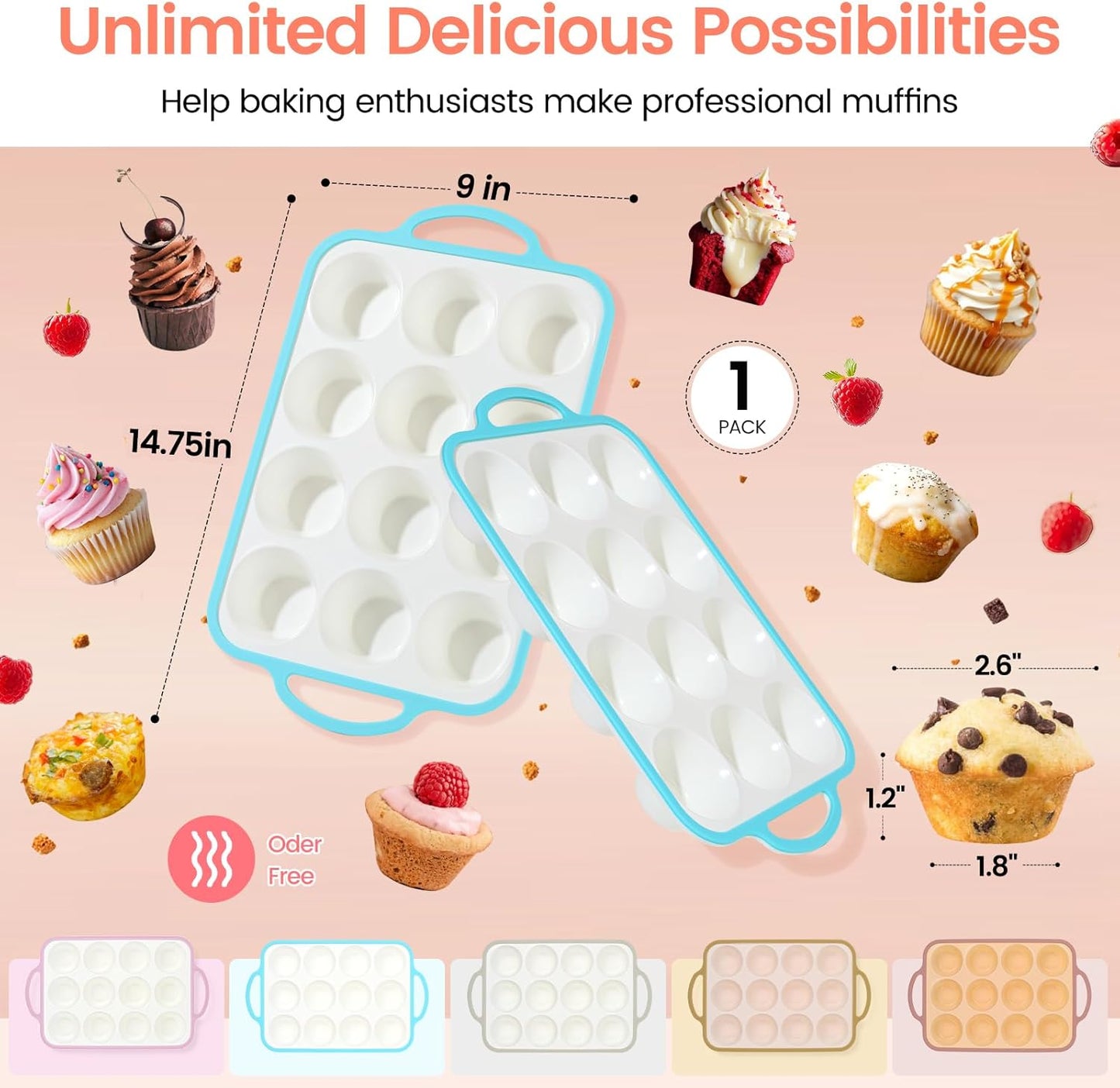 Silicone Muffin Pans for Baking 1 Pack, 2.6 Inch with Metal Reinforced Frame, Regular Size Nonstick Cupcake Pan 12 Cups for Baking Homemade Muffins, Dishwasher Safe BPA Free-Blue