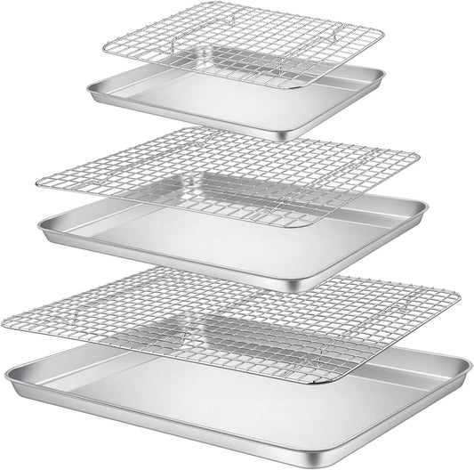 P&P CHEF 16 + 12.5 + 9 Inch Baking Sheet and Rack Set, Stainless Steel Cookie Sheets Oven Baking Pans Trays with Cooling Racks for Cooking & Roasting, Oven & Dishwasher Safe, (6Pcs)