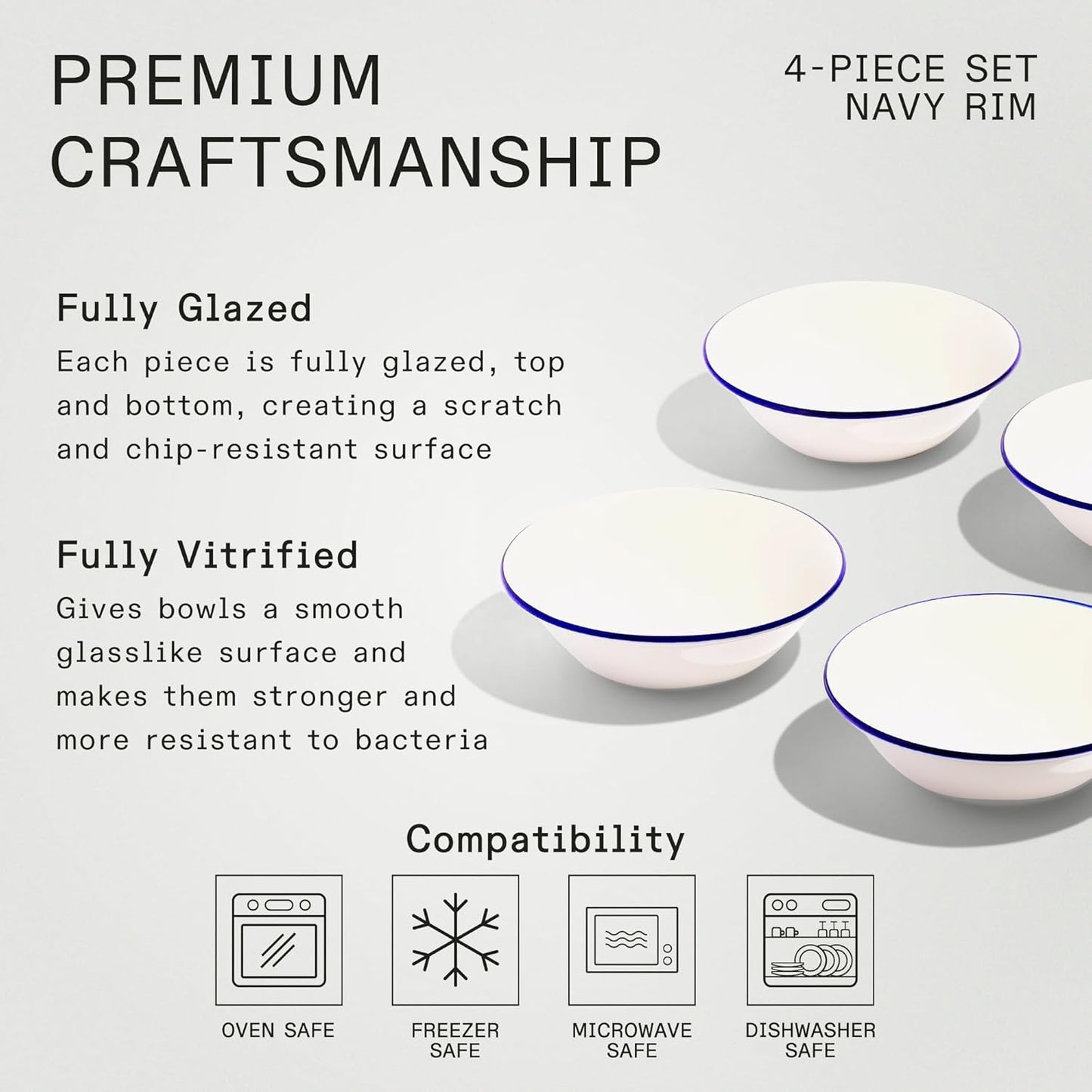 Made In Cookware - Set of 4 - Side Bowls - White With Navy Rim - Porcelain - Crafted in England