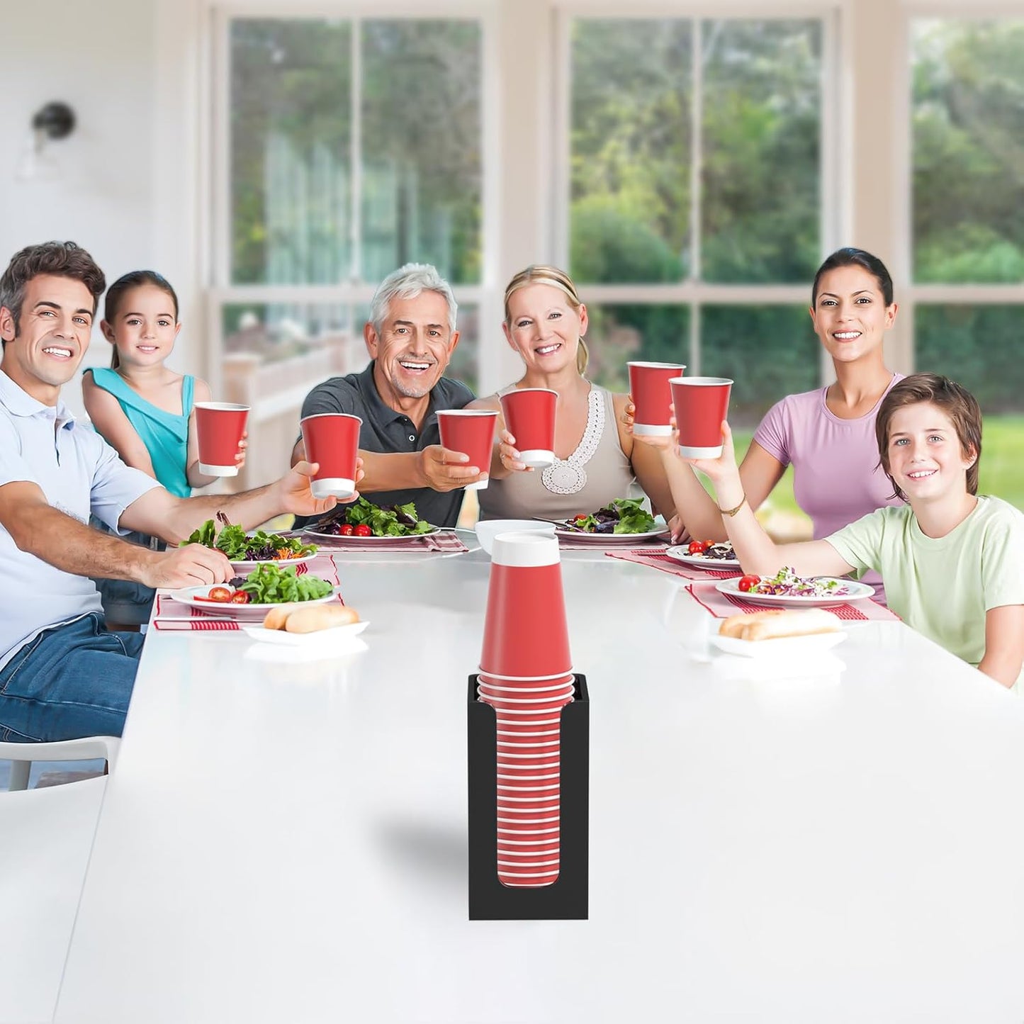 WINFFOR Disposable Cup Organizer Dispenser - Black Acrylic Cup and Lid Holder with Handles Plastic Cup Dispenser Countertop Paper Coffee Cup Holder for Coffee Bar House Party Essentials