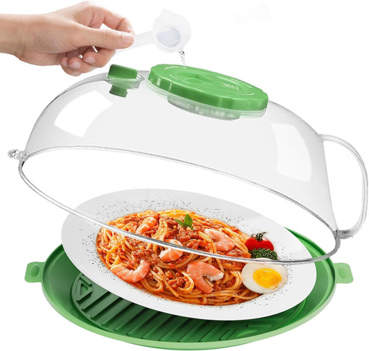 Microwave Splatter Cover for Food, Clear Microwave Cover with Water Steamer and Integrated Handle, 10 Inch Splatter Guard Lid with Plate, Kitchen Gadgets & Accessories (Green, 10 inch)