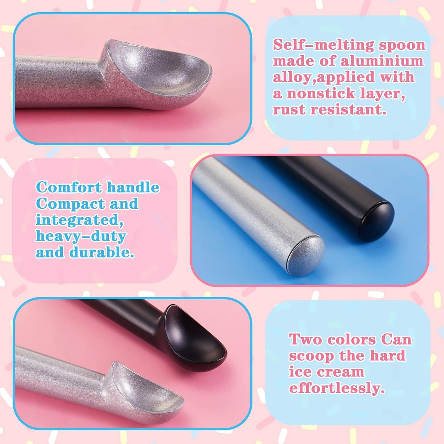 Gejoy 12 Pcs Ice Cream Scoop 7 Inch Nonstick Anti Freeze Ice Cream Scooper Aluminum Design Dessert Spoon for Gelatos Frozen Yogurt Fruit Sundaes Sorbet Almond Cookie Dough (Black and Silver)