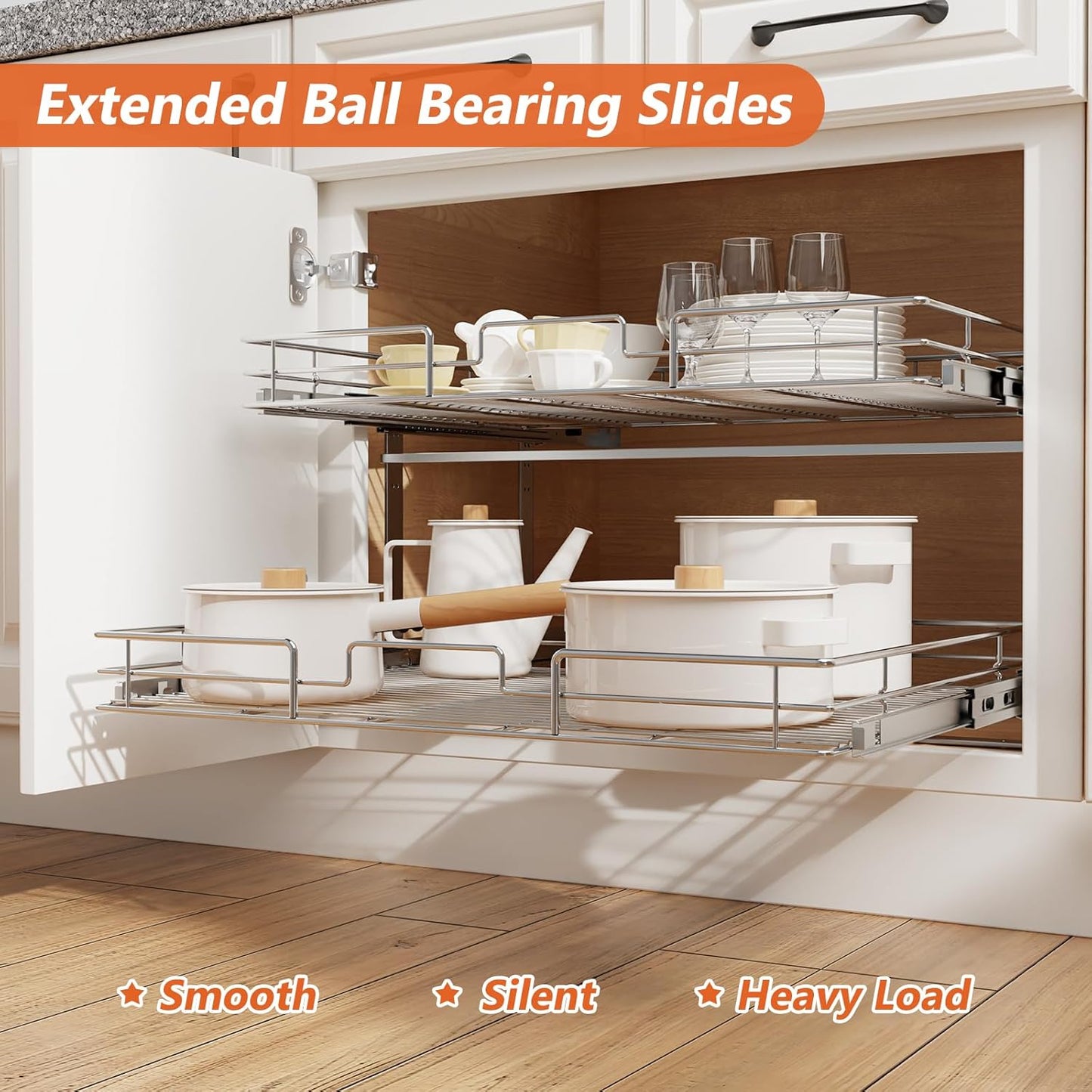 ROOMTEC Individual Pull Out Cabinet Organizer (27" W x 21½" D), 2 Tier Spice Rack Organizer for Cabinet, Slide Out Drawer Pantry Shelf Organization and Storage for Kitchen Bathroom