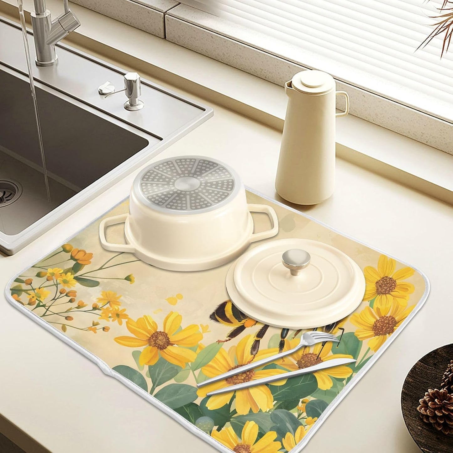 Honey Bee Dish Drying Mat for Kitchen Counter Absorbent Microfiber Large Drying Pad Yellow Flowers Leaves Dish Mats for Kitchen Countertops 18 x 24 Inch117