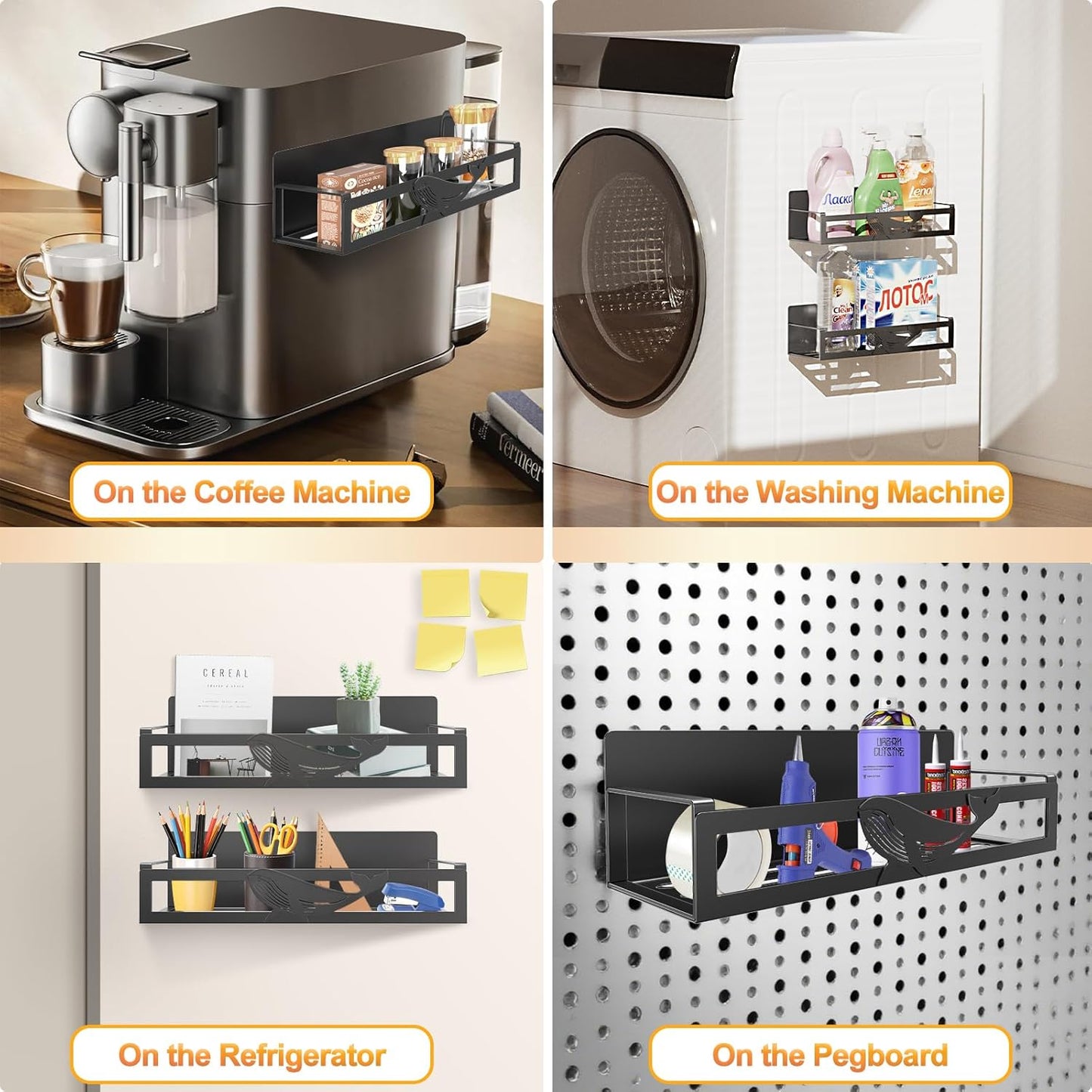 Magnetic Spice Rack for Refrigerator, 2-Pack Metal Spice Organizer for Kitchen Storage Organization, Magnetic Shelf for Fridge Space Saving Seasoning Organizer, Black