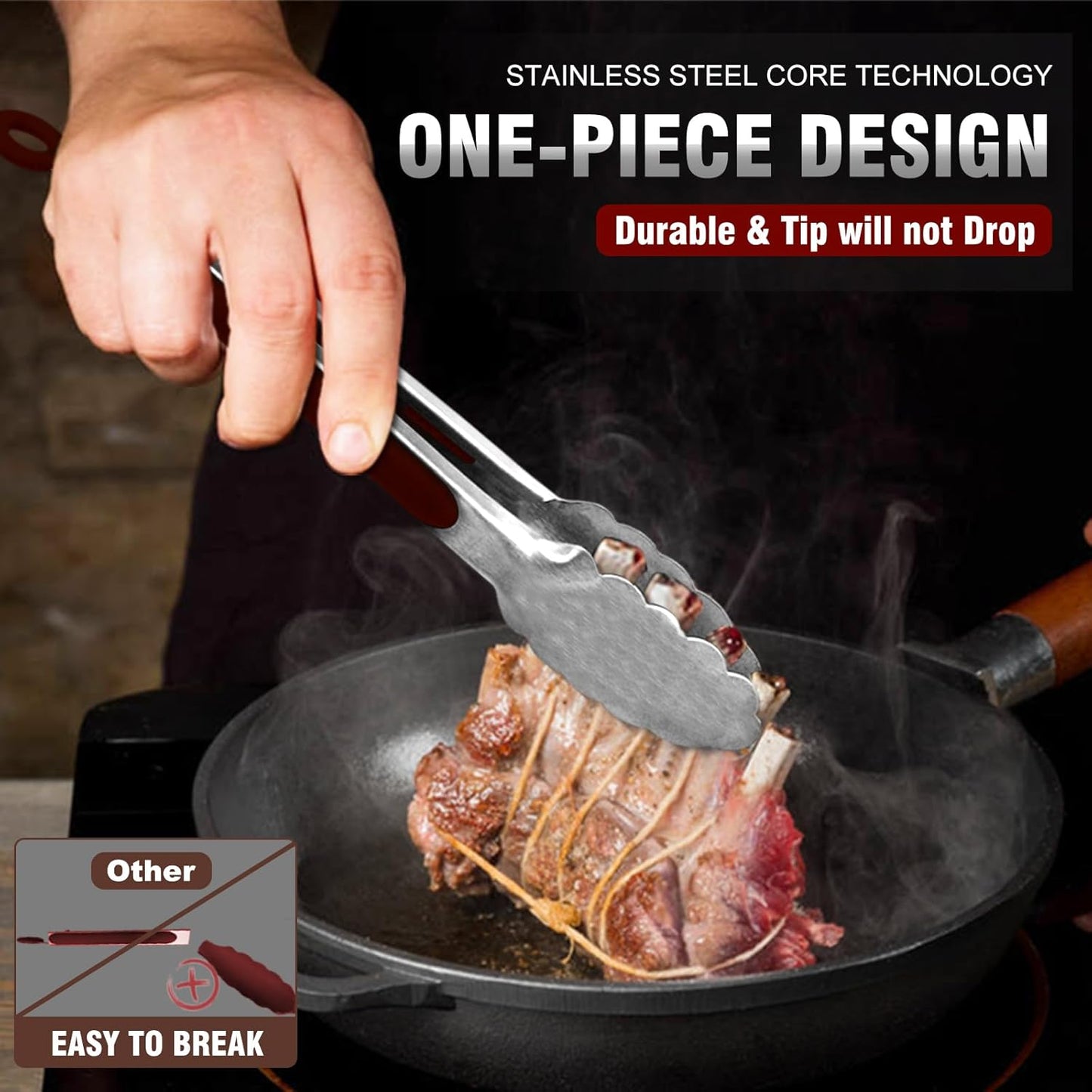 Walfos Stainless Steel Kitchen Tongs - 7, 9 & 12 Inch Heavy Duty Locking Metal Tongs for Cooking, BBQ Grilling, Set of 3 Non-Slip Grip (Wine Red)