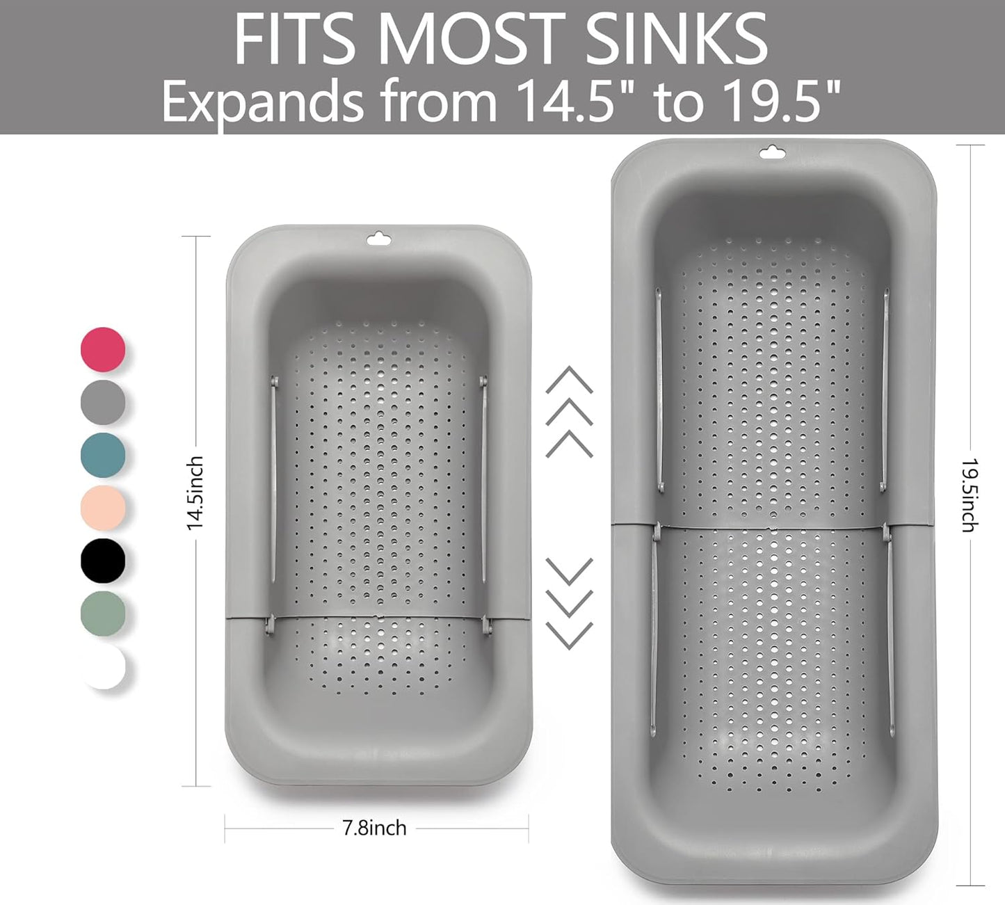 Adjustable Over the Sink Colander Strainer, Silicone Clip On Strainer for Pots Strainers and Plastic Colanders Drainer Basket for Food Pasta Vegetables Kitchen, Extendable 14.5"-19.5", Grey