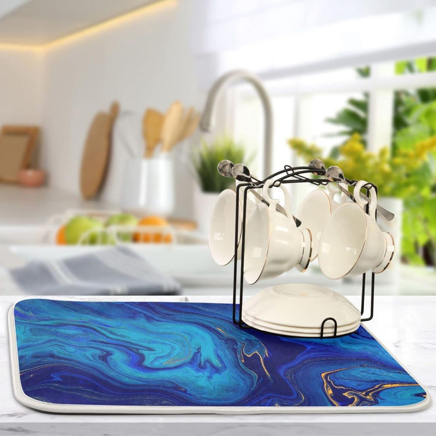 Super Absorbent Dish Drying Mat, Microfiber Fast-Drying Dish Mat, 16" x 18", Kitchen Dish Drying Pad, Navy Blue Gold Marble