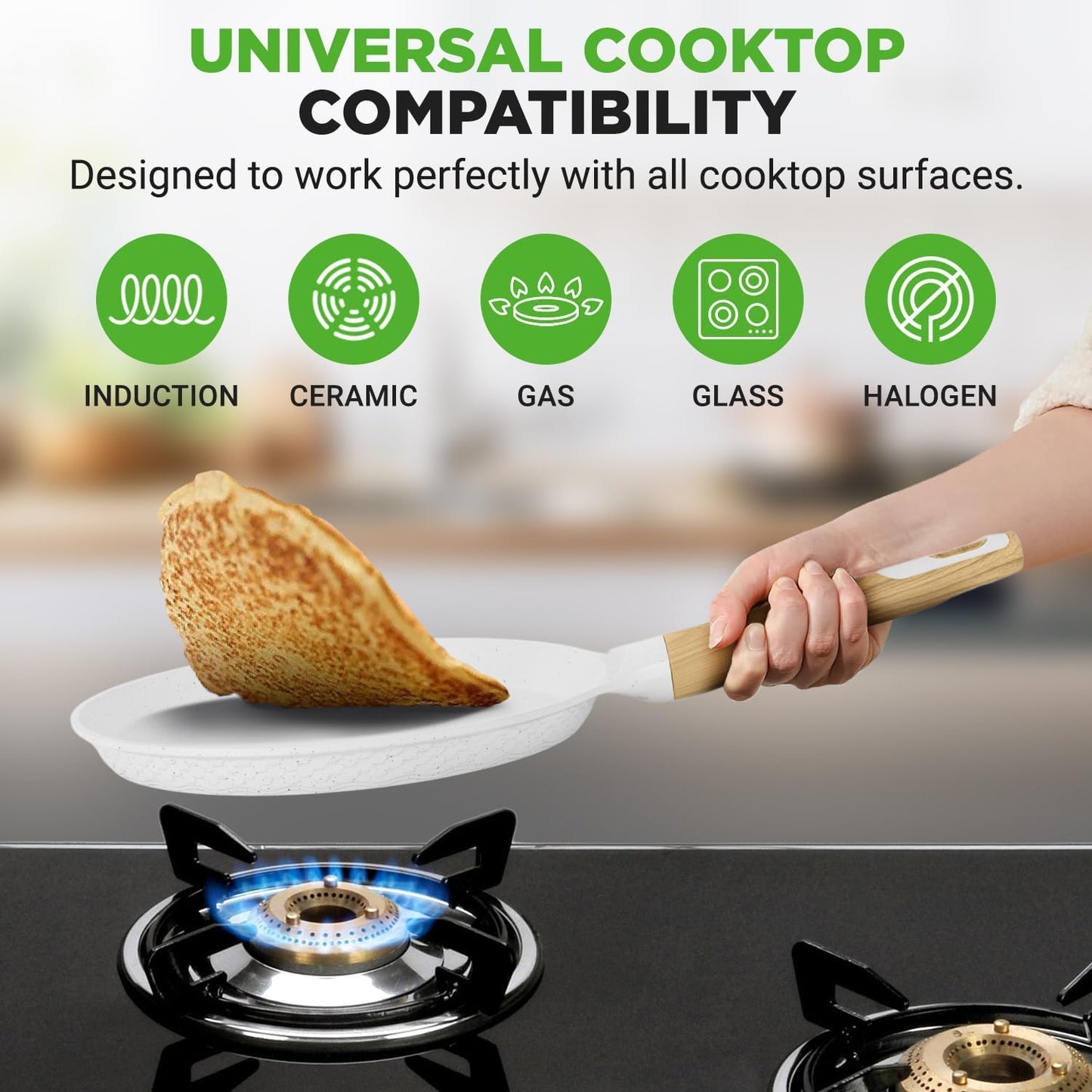 NutriChef 9.45” Non-Stick Crepe Pan with Wooden Spreader, Durable Marble Coated Dosa Pan, Bakelite Handle and Induction Bottom, PFOA/PFOS Free, Dishwasher Safe, Even Heat Distribution (White Cream)