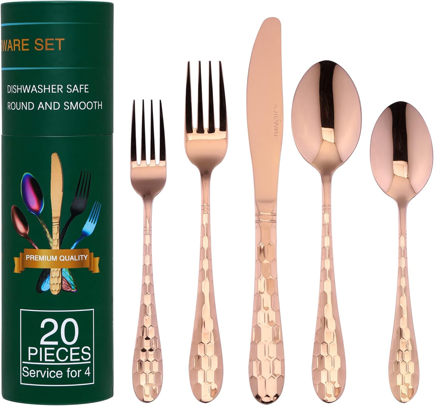 Hammered Silverware Set 20-Piece, 18/10 Stainless Steel Flatware Cutlery Silverware Set Service for 4, Unique Design Knife Fork Spoon Silverware Set, Mirror Polished,Dishwasher Safe (Rose Gold)