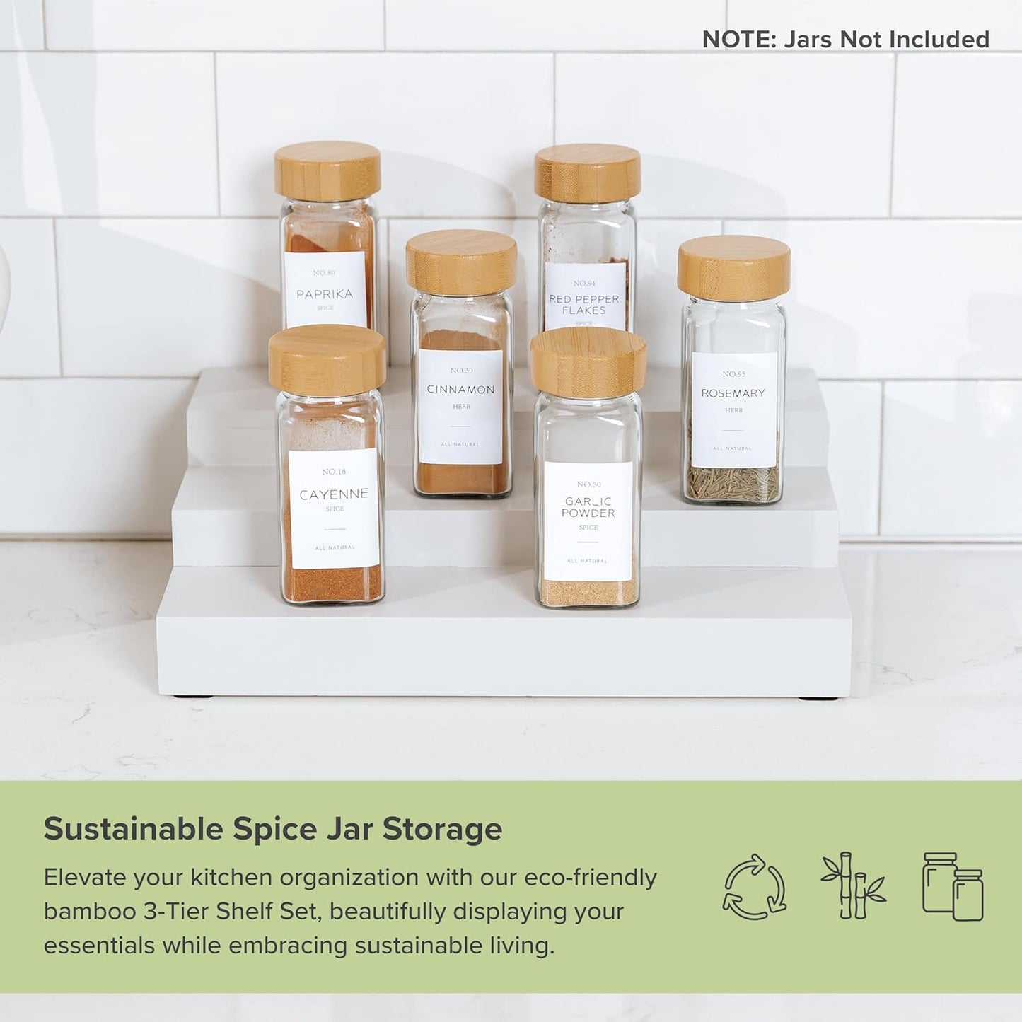 KitchenEdge Expandable Spice Rack Organizer for Cabinet, 3-Tier Shelf for Spice Organization (11” to 22”), Fits 36 Spice Jars, Seasoning and Pantry Storage, Non-Slip Feet, 100% Bamboo, White Finish