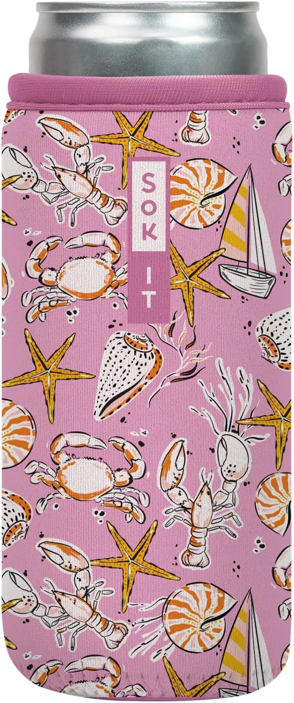 Sok It CanSok Sleeve for Beer & Soda Insulated Neoprene Cover (Tidal Treasures, 12oz Slim Can Sleeve)