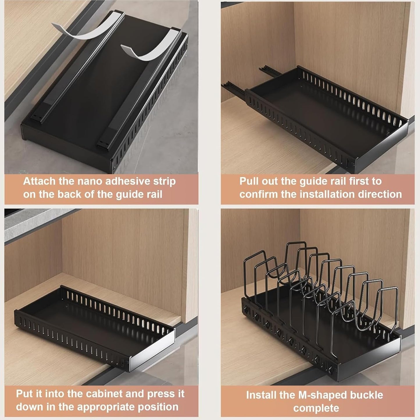 Pots and Pans Organizer for under Cabinet,Pull Out Cabinet Organizer with 8 Adjustable Dividers (Black, Sliding type)
